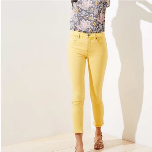 NWT Loft modern skini crop yellow Frayed hemstretchy Cotton jeans - Picture 2 of 8